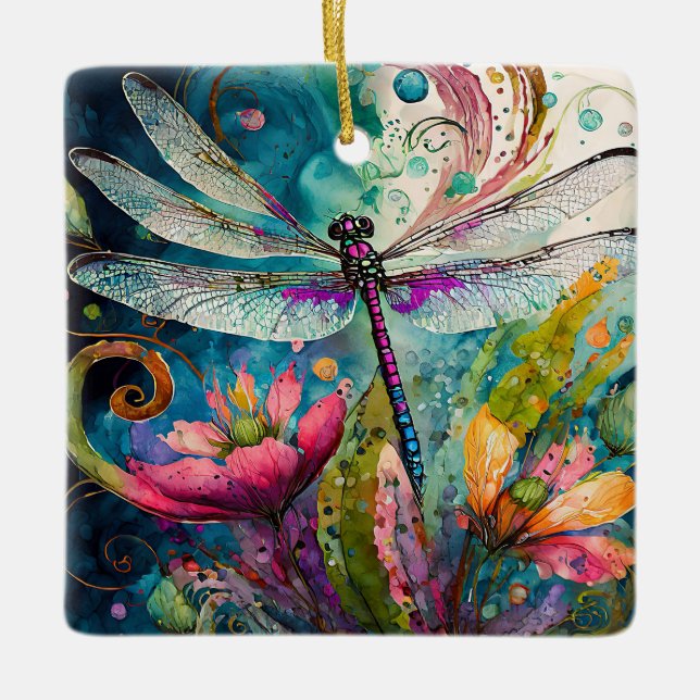 Ink and Pen Watercolor Dragonfly   Ceramic Ornament (Front)
