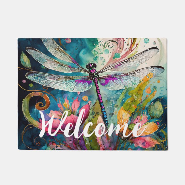 Ink and Pen Watercolor Dragonfly  Doormat (Front)