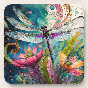 Ink and Pen Watercolor Dragonfly Hard Plastic  Coaster