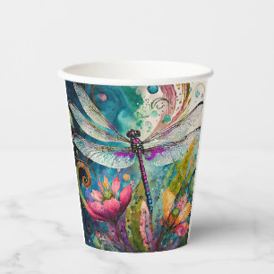 Ink and Pen Watercolor Dragonfly  Paper Cups