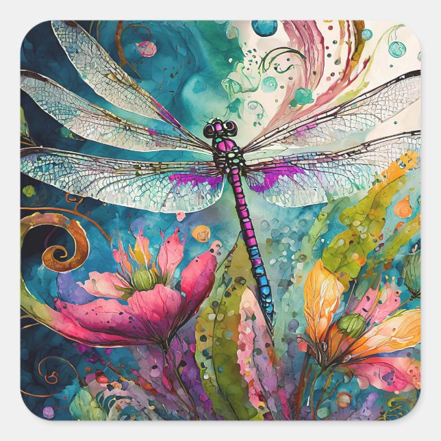 Ink and Pen Watercolor Dragonfly   Square Sticker (Front)