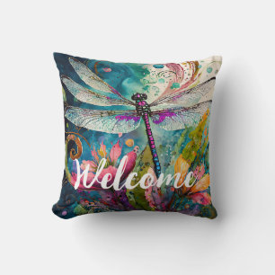 Ink and Pen Watercolor Dragonfly Welcome Cushion