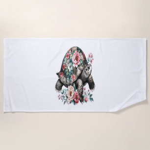 Ink and Wash Turtle with Floral Shell. Beach Towel
