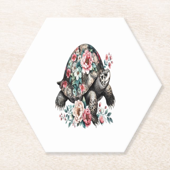 Ink and Wash Turtle with Floral Shell. Paper Coaster (Front)