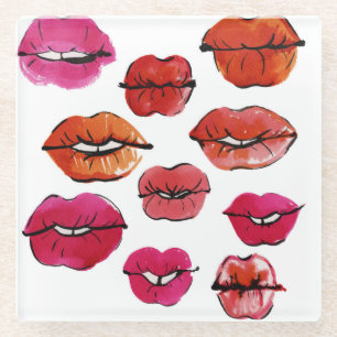 Ink and watercolor lips set glass coaster