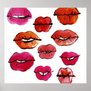 Ink and watercolor lips set poster