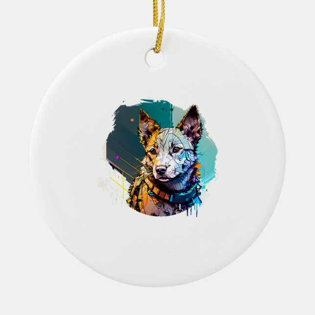 Ink Art Style Dog Portrait Ceramic Tree Decoration (Front)
