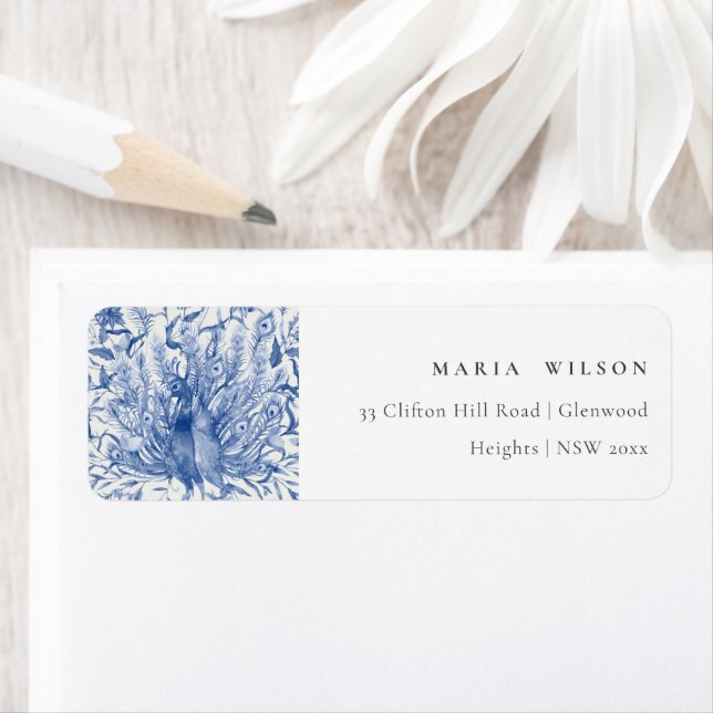 Ink Blue Classy Ornate Watercolor Peacock Address (Insitu)