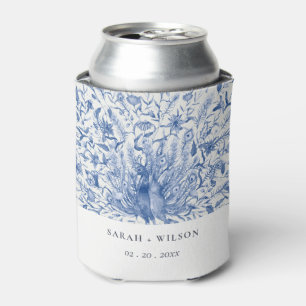 Ink Blue Classy Ornate Watercolor Peacock Wedding Can Cooler