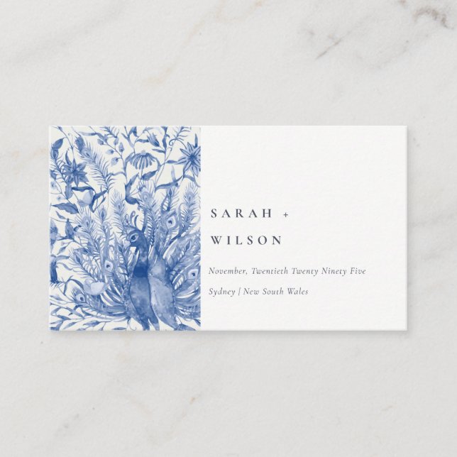 Ink Blue Classy Watercolor Peacock Wedding Website Enclosure Card (Front)