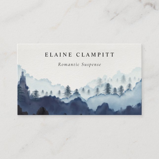 Ink Blue Navy Pine Woods Mountain Wedding Website Business Card (Front)
