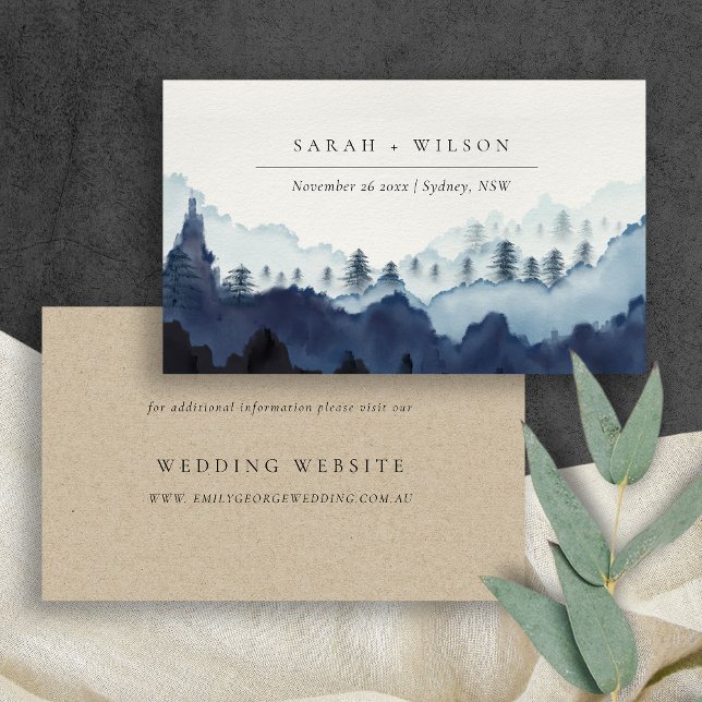 Ink Blue Navy Pine Woods Mountain Wedding Website Business Card (Creator Uploaded)