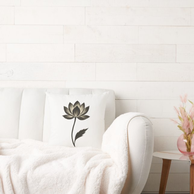 Ink Brush Lotus – Minimalist Floral Design on  Cushion (Couch)