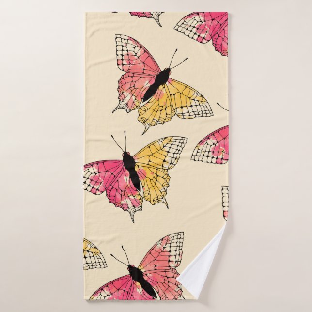 ink butterflies flying seamless pattern in ivory o bath towel (Bath Towel)
