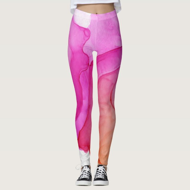 Ink Cloud Swirl Abstract Trendy Hot Pink Peach  Leggings (Front)