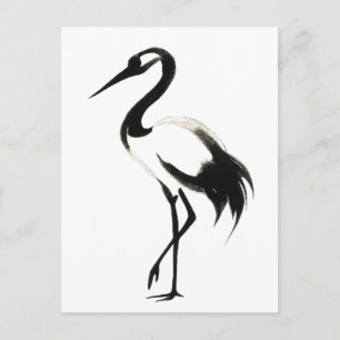 Ink Crane Illustration - Zen Brush Design on Postcard