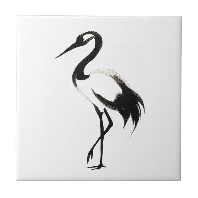 Ink Crane Illustration - Zen Brush Design on Tile (Front)