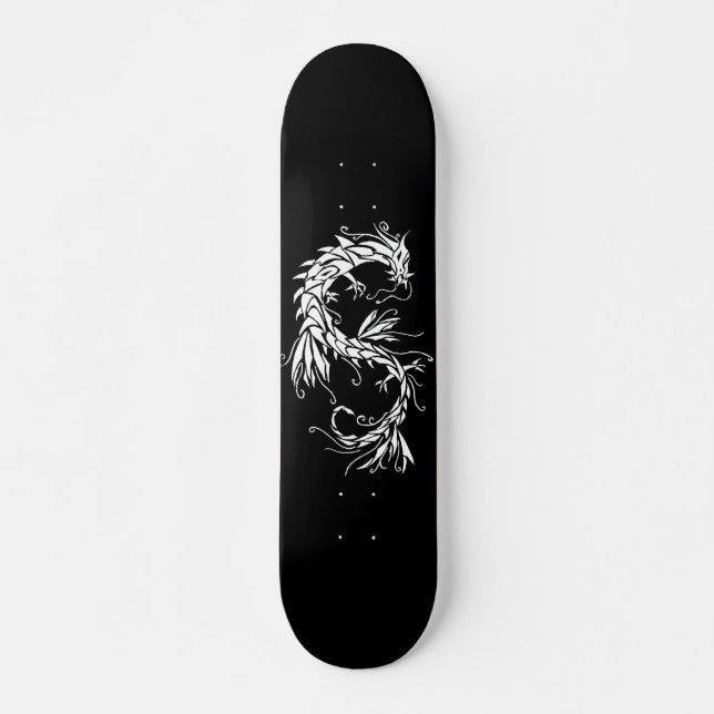 Ink Dragon White on Black Skateboard (Front)