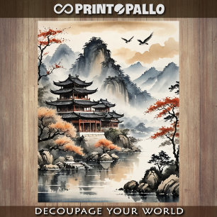 Ink drawing Japanese Pagoda on autumn lake -  Tissue Paper
