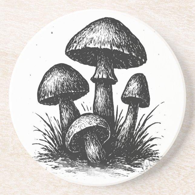 Ink‑Drawn Mushroom Cluster Tote Bag Coaster (Front)