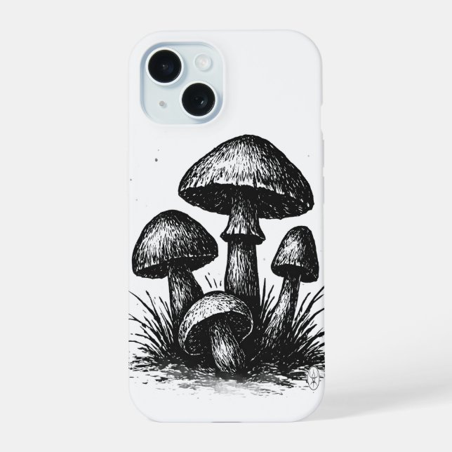 Ink‑Drawn Mushroom Cluster Tote Bag iPhone 15 Case (Back)