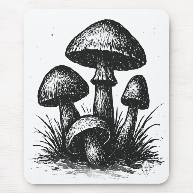 Ink‑Drawn Mushroom Cluster Tote Bag Mouse Pad (Front)