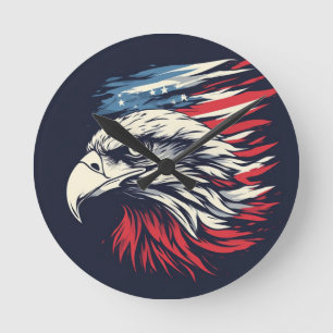 Ink Eagle & American Flag Art Freedom Never Fades Round Clock