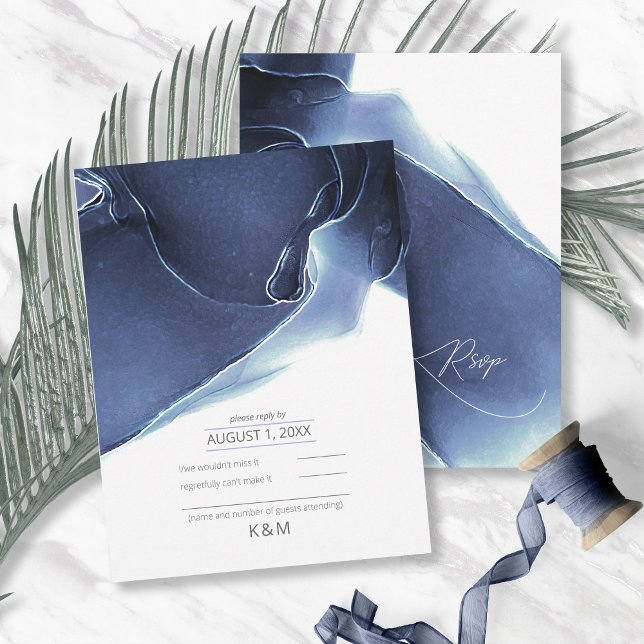 Ink Flow Wedding Blue ID762 RSVP Card (Creator Uploaded)