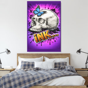 INK… Hand-Drawn Skull with Butterfly Canvas Print