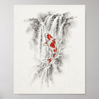 Ink Koi Fish Leaping Waterfall Poster
