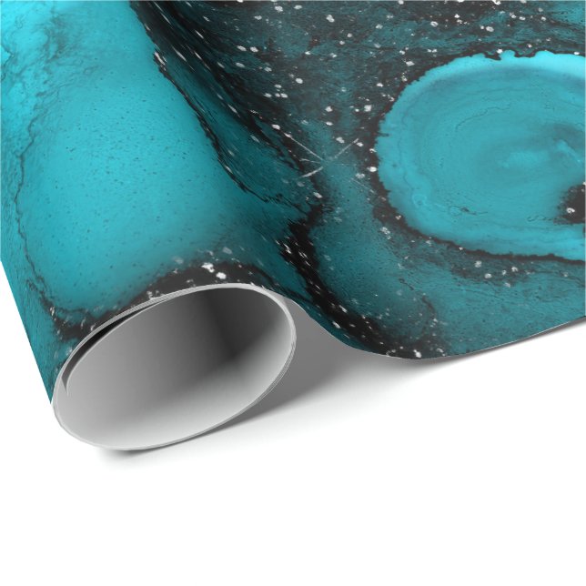 Ink Liquid Paint Blue Sapphire Black Glam Wrapping Paper (Roll Corner)