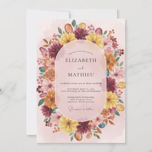 Ink Mustard Plum Wreath Wedding Invitation (Front)