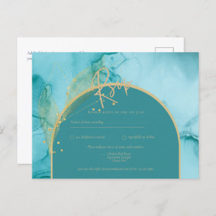 INK Ocean Turquoise Teal Gold Wedding RSVP Postcard