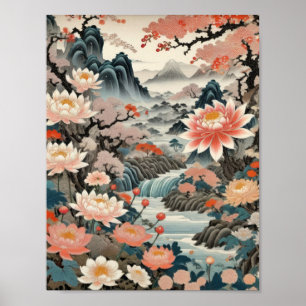 Ink on rice paper traditional japanese landscape poster
