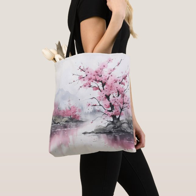 Ink Painting Blooming Tree Tote Bag (Close Up)