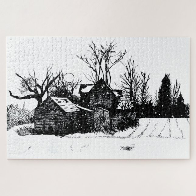 Ink Pen Winter Scene Difficult 1014 Piece Puzzle (Horizontal)