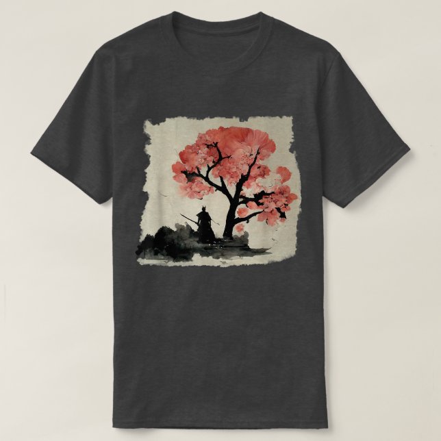 Ink Samurai Under a Sakura Tree Japanese Aesthetic T-Shirt (Design Front)