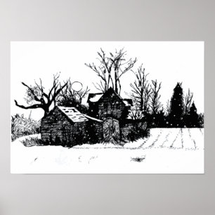 Ink Sketch Old Farm Winter Scene Poster