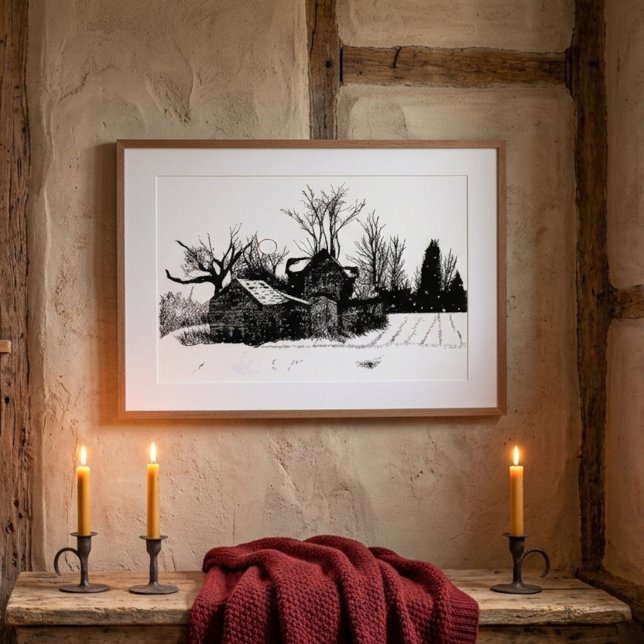 Ink Sketch Old Farm Winter Scene Poster (Creator Uploaded)