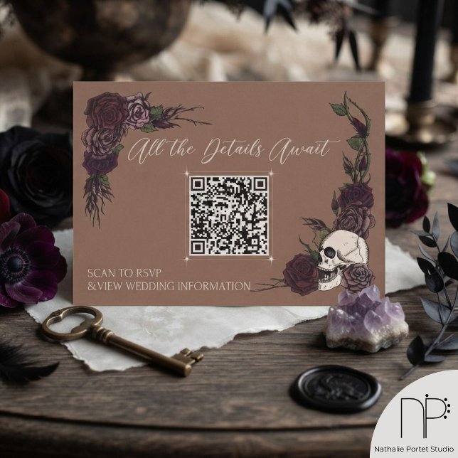 Ink Skull & Floral Tan Wedding QR Card (Hand-drawn skull and burgundy and mauve roses QR code card for soft gothic wedding in a dark tan.)