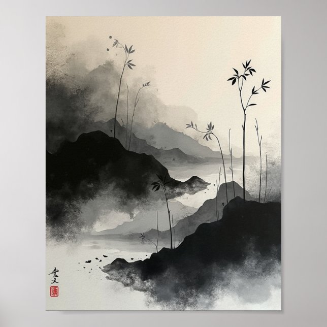 Ink Wash Abstract Wall Art with Sumi-E Strokes  (Front)