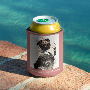 Ink Wash Art Japanese Geisha - Birthday Can Cooler