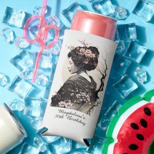 Ink Wash Art Japanese Geisha Birthday - Seltzer Can Cooler