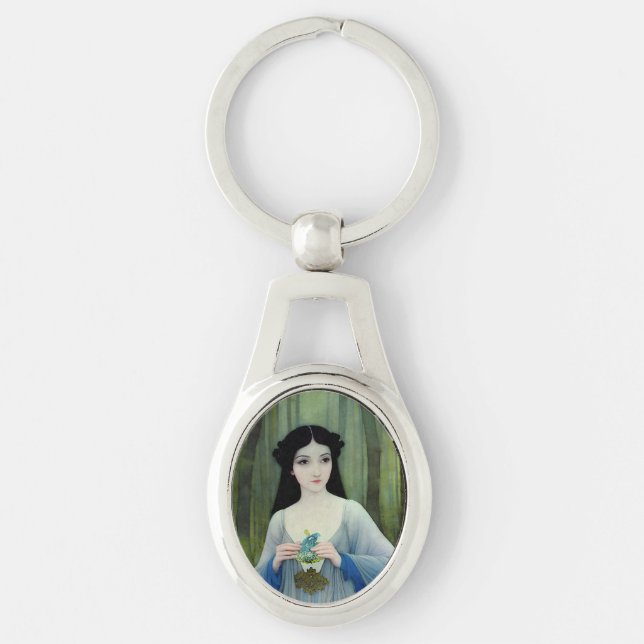Ink Wash Illustration of Beautiful Woman in Woods Key Ring (Front)