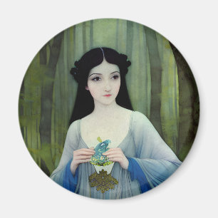 Ink Wash Illustration of Beautiful Woman in Woods Magnet