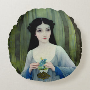 Ink Wash Illustration of Beautiful Woman in Woods Round Cushion