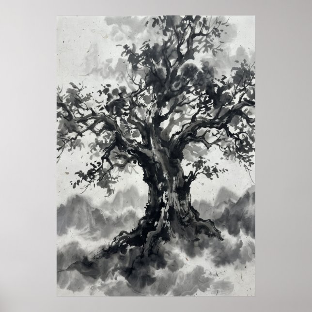 Ink Wash Tree Poster | Japanese Zen Art | Monochro (Front)
