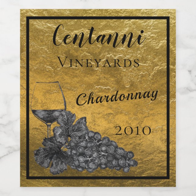 Ink Wine Glass Grapes Gold Background Label (Single Label)