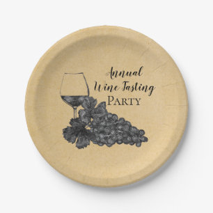 Ink Wine Glass Grapes Gold Background Paper Plate