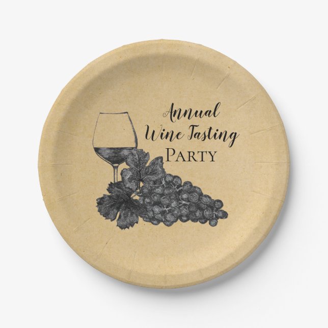 Ink Wine Glass Grapes Gold Background Paper Plate (Front)